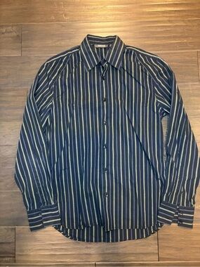 Kenneth Cole Reaction Navy Blue green Striped Dress Shirt. Size Small.